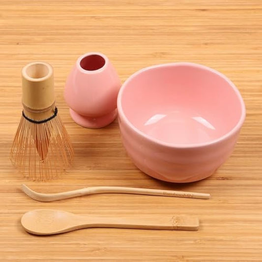 BambooMN Brand - Matcha Bowl Set (Includes Bowl, Rest,Tea Whisk, Chasaku, & Tea Spoon) 1 Set Pink