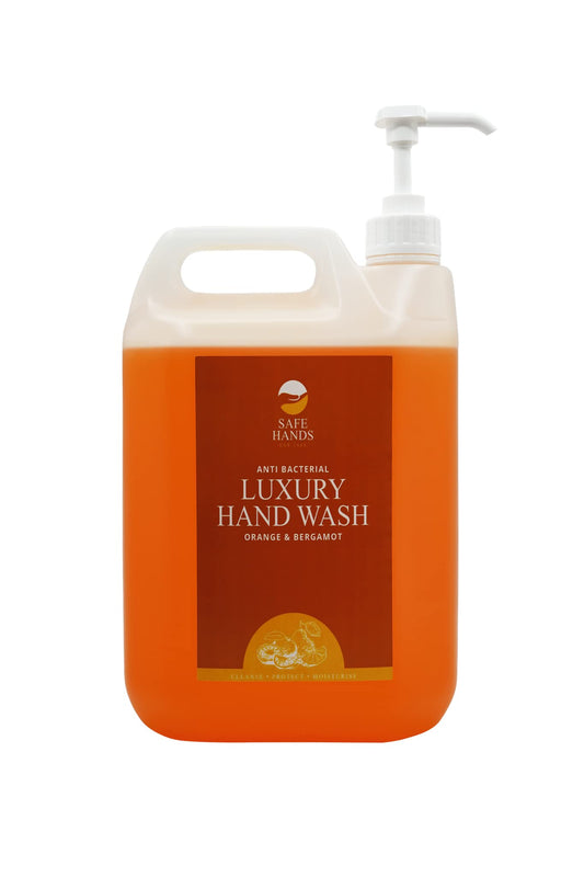 Safe Hands | Luxury Hand Wash with Pumps | Orange & Bergamot | 5 Litre | Moisturising hand soap liquid | Anti Bac Hand Soap | Removes 99% of Bacteria