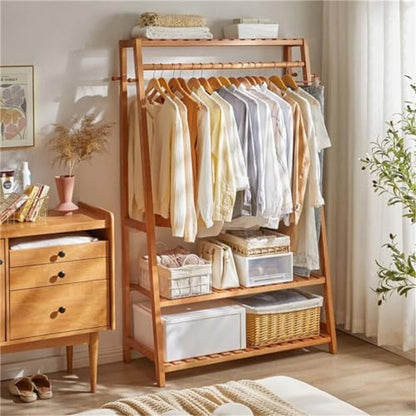 unho Bamboo Clothes Rail Rack: Free Standing Garment Rack with 3 Storage Shelves 10 Hooks Portable Open Wardrobe Clothing Storage Organizer for