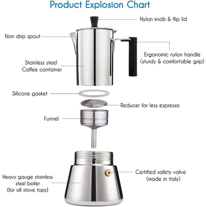 Easyworkz Pedro Stovetop Espresso Maker 6Cup 300ml Stainless Steel Italian Coffee Machine Maker Induction Moka Pot