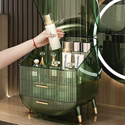 Kousee Makeup Organizer, 3 Layers Large Capacity Cosmetic Storage, Cosmetic Display Case with 2 Storage Drawers, Cosmetic Organizer for Bathroom Counter, Vanity Countertop, Bedroom-Retro Green