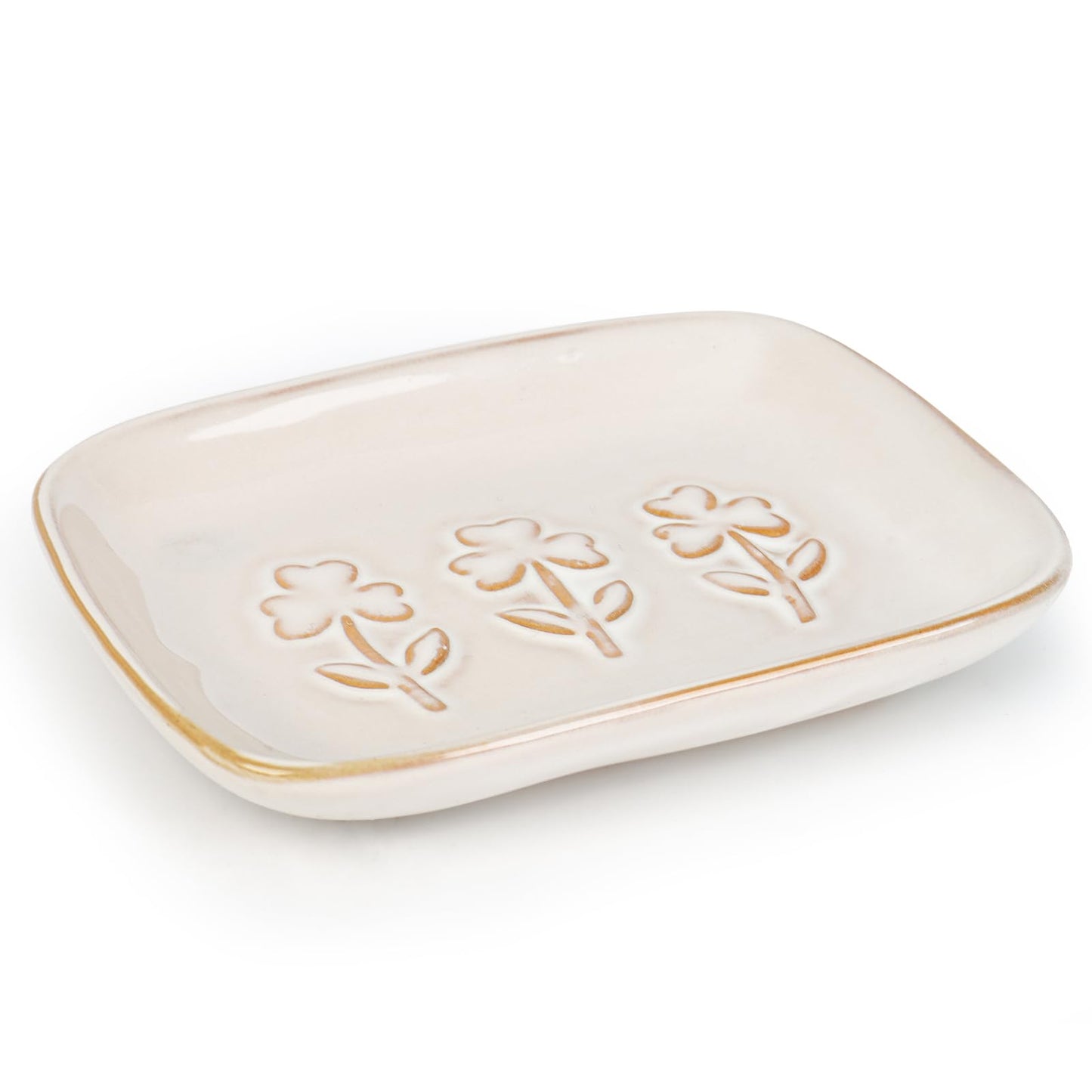 Ceramic Soap Dish, Soap Holder for Bathroom Shower & Kitchen, Anti-Slip Soap Tray with Raised Floral Pattern, Waterproof Glazed Dish Keeps Soap Dry