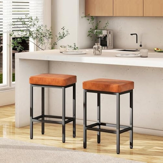 YMYNY Bar Stools, 66 cm Bar Stools Set of 2, Caramel Brown Breakfast Bar Stools, PU Leather Barstools, Bar Stool Chair with 6 cm Thick Cushion and Metal Base for Kitchen Island Counter, Pub, HBS513J