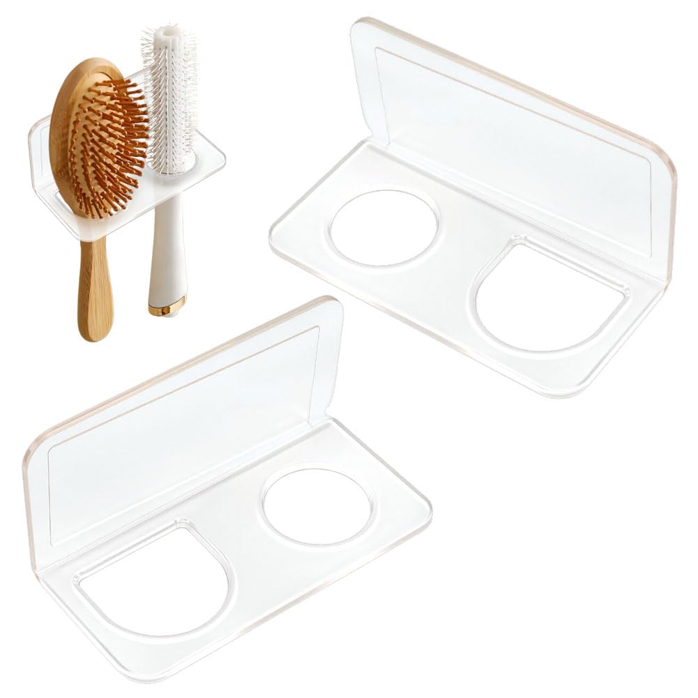 CRAFTYMELODY 2Pcs Acrylic Hair Brush Holder 2-Slot Rectangle Wall Mounted Comb Organizer Holder for Bathroom with Adhesive Stickers Clear Hairbrush