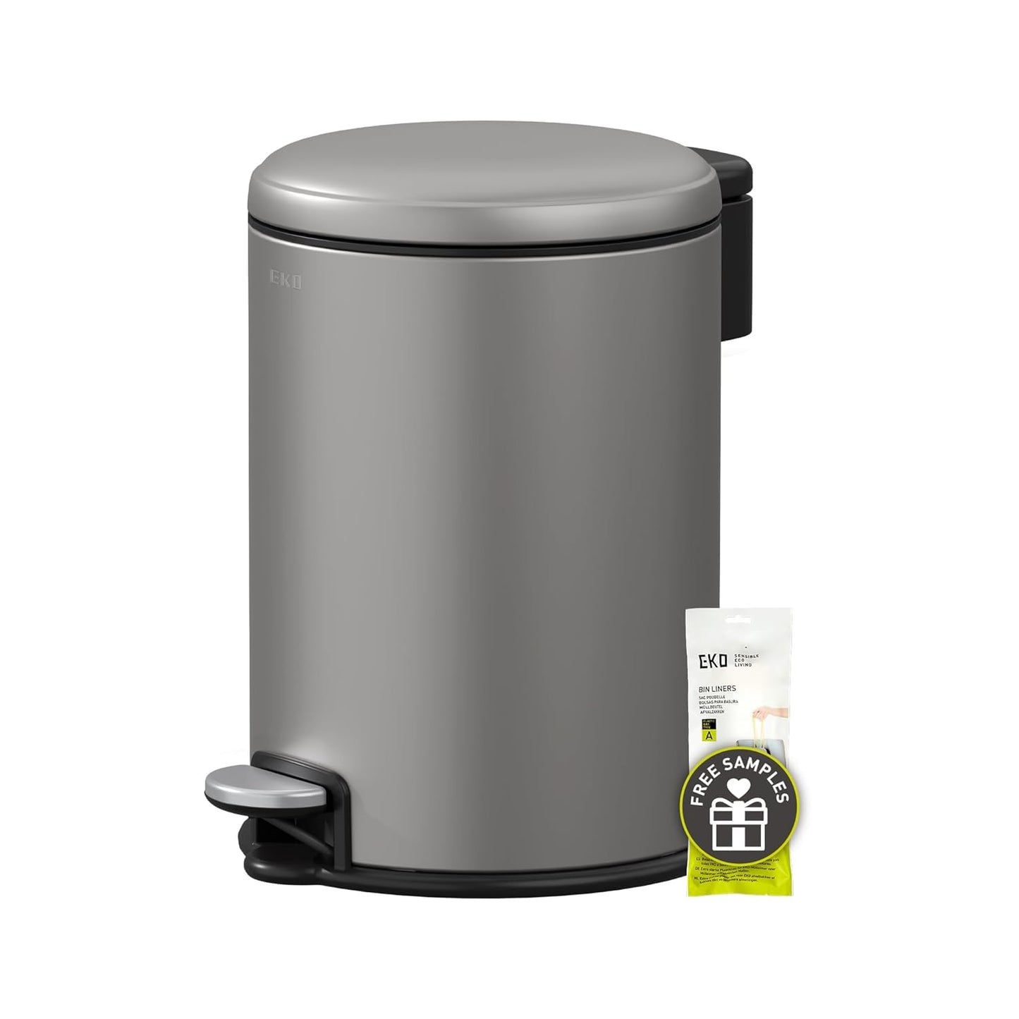 EKO Serene Step Bin, 3L Round Small Trash Can with Removable Inner Liner for Bedroom & Bathroom, Pedal Bin for Rubbish and Waste, Titanium Grey