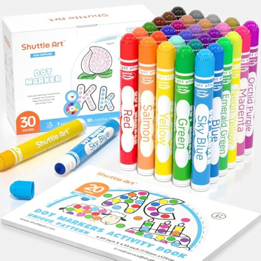 Shuttle Art Bingo Dabbers, 30 Colours Bingo Pens with Activity Book, Washable Dot Markers for Kids Toddlers, Non-Toxic Water Based Markers for Children Preschool Learning