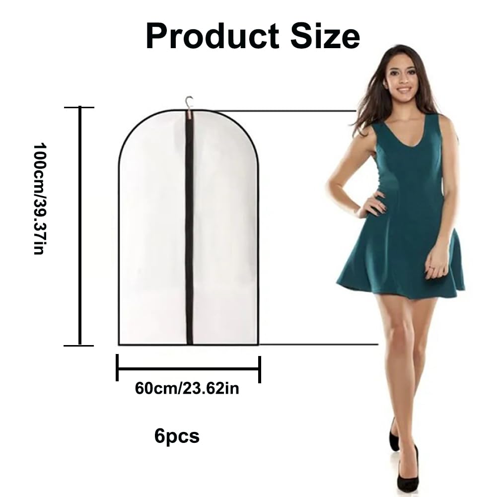 6pcs Garment Bags 60x100cm,Dustproof Garment Covers PEVA Translucent Clothes Covers with Zip,40inch Suit Storage Bags Dress Cover for Shirts Coats