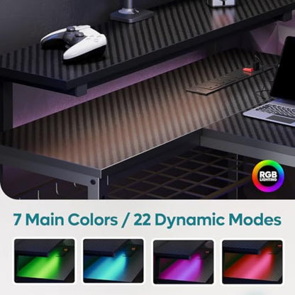 Bestier 147CM L-Shaped Gaming Desk with RGB Lights & Power Outlets, Reversible Corner PC Workstation with Storage & Hooks for Gamers or Home Office