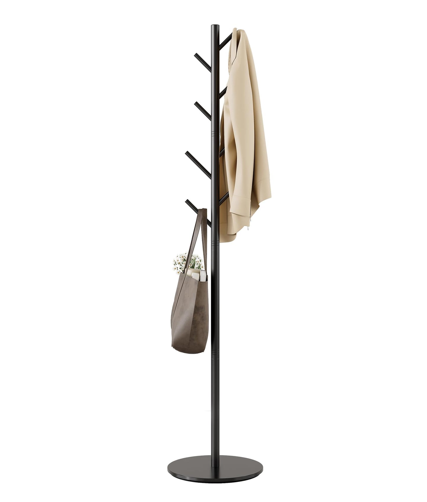 Tujurich Coat Stand with 8 Hooks, 3 Adjustable Heights, Sturdy Metal Coat Rack with Sintered Stone Base, for Hallway, Entrance or Bedroom