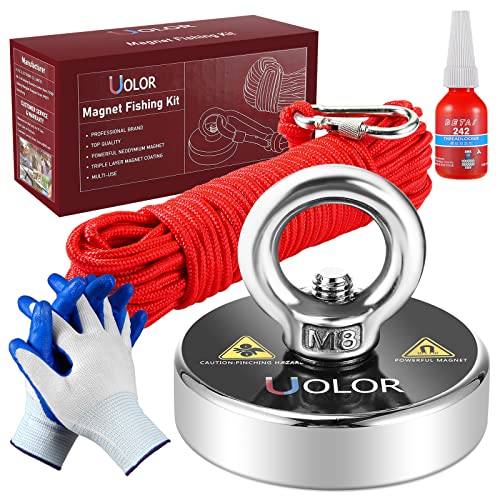 Uolor Magnet Fishing Kit – N35 Neodymium Eyebolt Fishing Magnet 160KG (353LB) Pull Force with 20M Rope, Gloves & Threadlocker for River Treasure Hunting & Salvage
