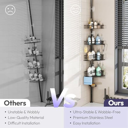 SWTYMIKI Telescopic Shower Caddy Corner - Rustproof Shower Corner Shelves with Towel Bar & Soap Holder, Adjustable No Drilling Organizer for Bathroom Storage With 4 Baskets,27.6-108.3 inch, Black