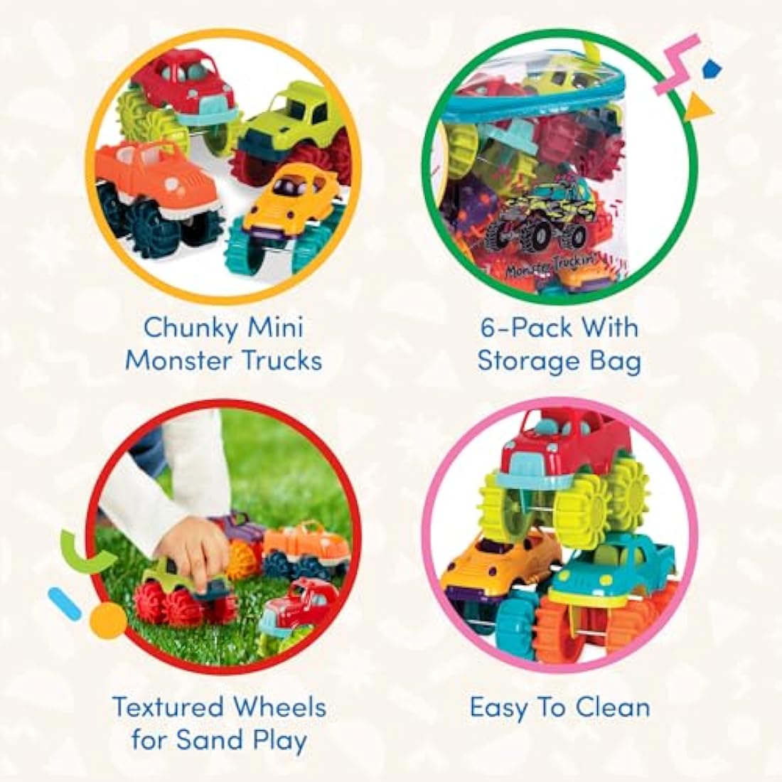 Battat – Plastic Toy Cars – 6 Pack & Storage Bag – Colorful Toddler Trucks – Easy To Clean – 2+ Years – Mini Monster Trucks