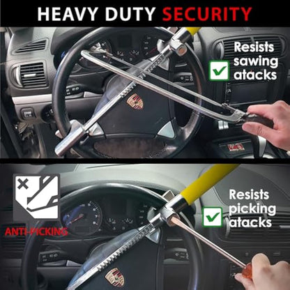 KRASER WA839Y Steering Wheel Lock High Security Bar, More Visible, Deterrent, Adjustable Double Hook Locking, Emergency Hammer, Universal Anti Theft Lock for Car, Truck, Van, Camper, Golf Cart