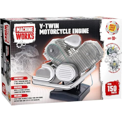 Machine Works Bulld Your Own V-Twin Motorcycle Engine Toy - Replica Model Building Kit - Features Sounds and Illumination, 150+ Pieces, 10+ Years
