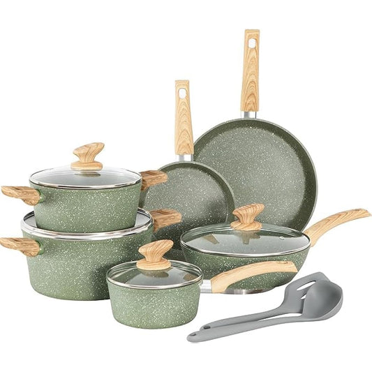 Kitchen Academy 12 Pieces Nonstick Pots and Pans Set, Induction Cooking Pan Set, Non Stick Saucepan Set, Frying Pan Set (Green)
