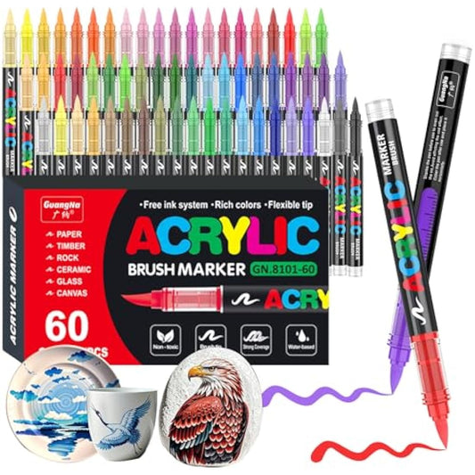 Gelanty Acrylic Paint Pens, 60 Colors Paint Markers with Flexible Brush Tip, Direct Liquid Acrylic Pens for Rock Painting, Ceramic, Wood, Glass
