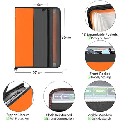 TRANBO 13 Pockets Expanding File Folder with Zipper Closure, A4 Plastic Document Wallet Organizer with Handy Front Pocket for Personal Office Stationary Storage