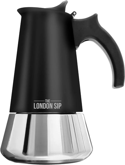 The London Sip Moka Pot, Stovetop Coffee Maker, Italian Style Espresso Maker, Stainless Steel, Induction Compatible, Modern Chrome, Black, 6 Cup (300