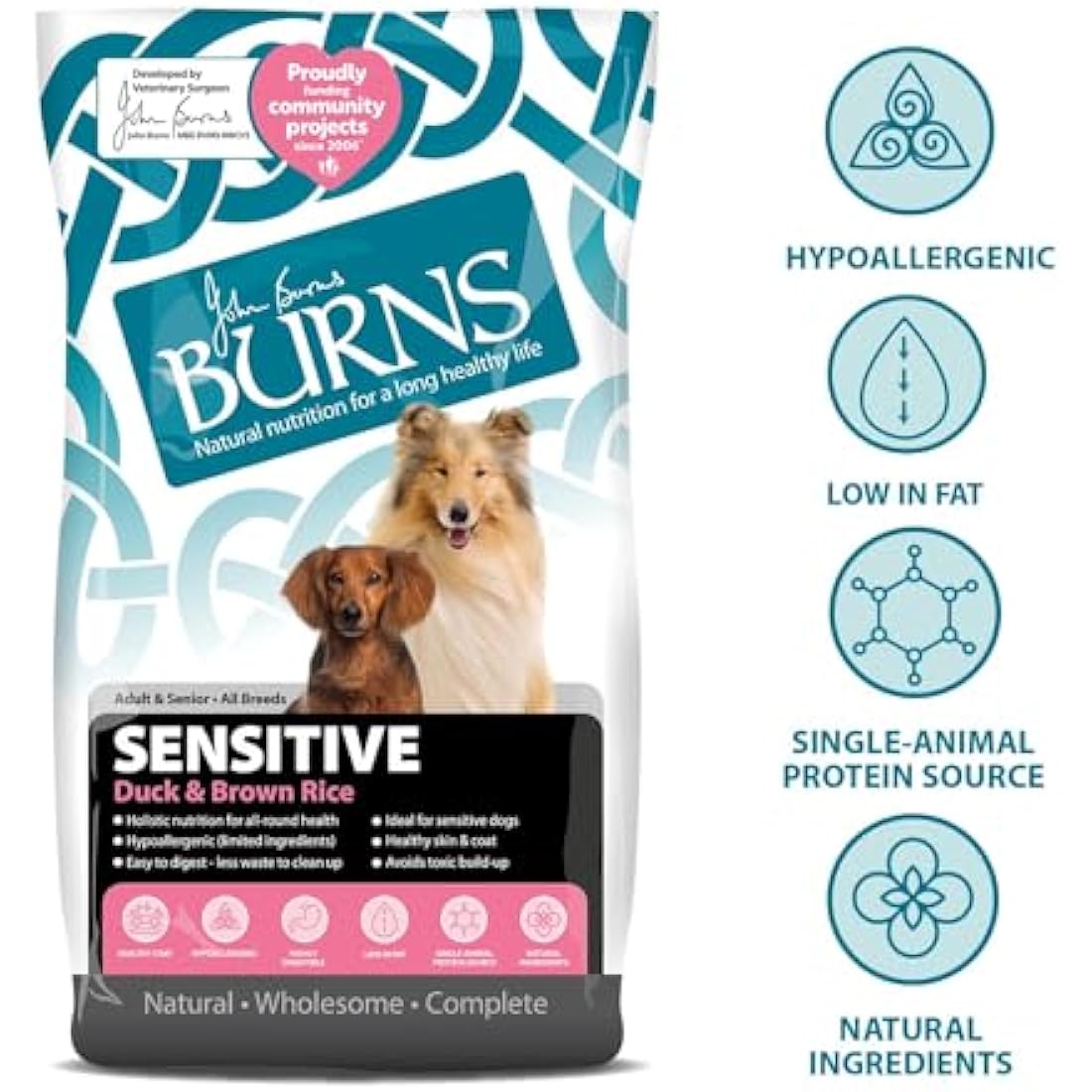 Burns Pet Nutrition Hypoallergenic Complete Dry Dog Food Adult and Senior Dog Sensitive with Duck and Brown Rice 6 kg