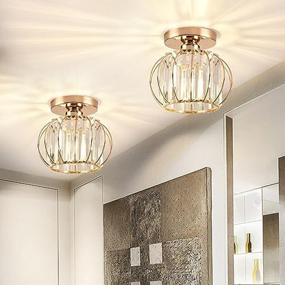 ZYDTRIP Crystals Ceiling Light Fixtures Chandelier, Small Semi Flush Mount Ceiling Light Fitting for Hallway Entrance Kitchen Bedroom Dining Rooms Living Rooms Bar (2 Pack Gold)