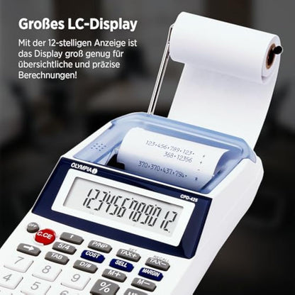 OLYMPIA Business Calculator with Paper Roll, 2.5 inches LCD Display, Blue, Desktop Format, Battery Powered, Ideal for Office and Home Use