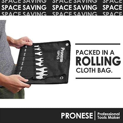 Pronese 10 Pack Super-Thin Open End Wrench Set,Carbon Steel with Mirror Polish,Metric,Including 6~27mm, Placed in A Rolling Pouch