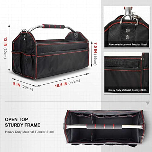 HAUTMEC 18 Inch Foldable Tool Tote Bag, Open Top Tool Bag with 27 Pockets and Removable Partition, Portable Tool Organizer with Adjustable Shoulder Strap & Water-Resistant Molded Base – HT0020