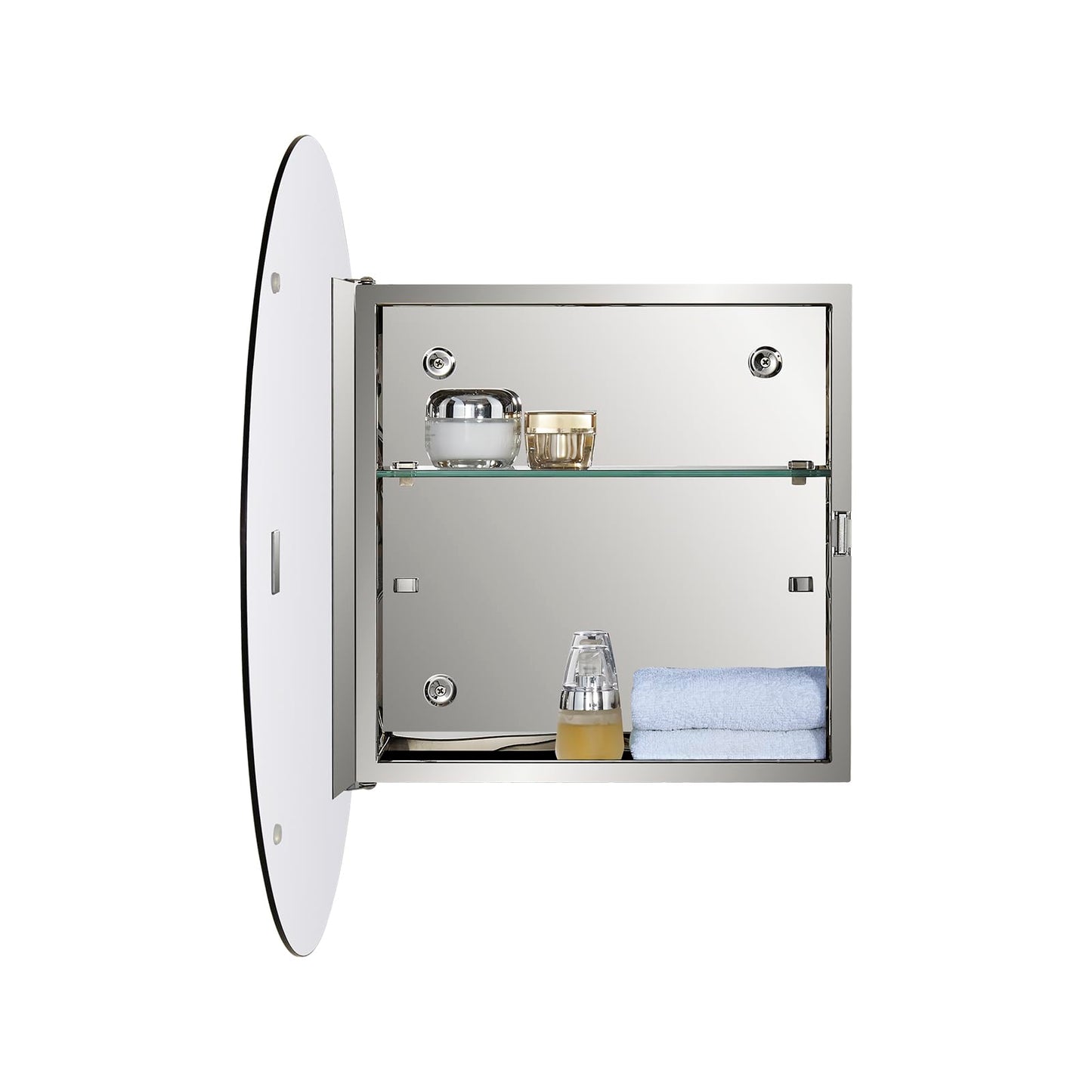 Fundin Mirror Cabinet with Stainless Steel Frame, Round Mirrored Door, Adjustable Glass Shelves, Surface Mounted, 50cm x 50cm, Mirrored Finish