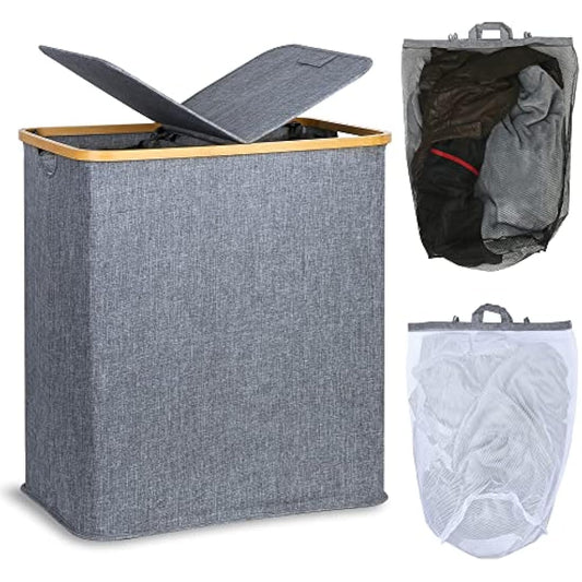 Efluky 140L Large Divided Wash Basket with Lid, 2 Section, Blue-grey