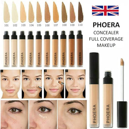 Phoera Full‑Coverage Matte Liquid Concealer – Waterproof, Oil‑Free Camouflage for Dark Circles, Acne Scars & Under‑Eye (109 - Hazelnut)