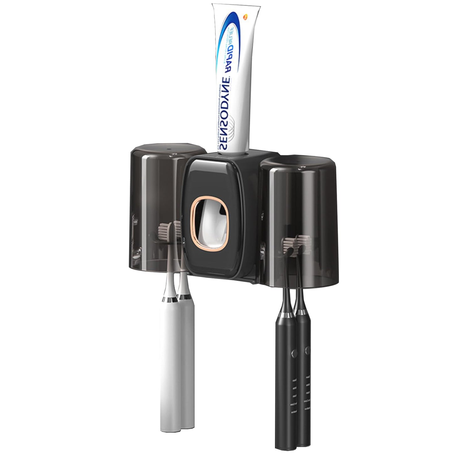 Braozaiw toothbrush holder wall mounted, toothpaste dispenser, electric toothbrush holder, With 4 Brush Slots 2 Cups No Drilling Required (Black)