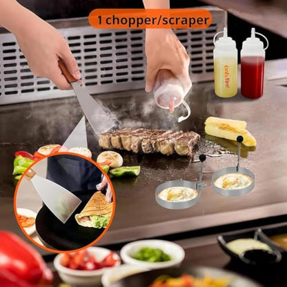 Onlyfire FPA-5117 Professional BBQ Griddle Spatula Tool Kit Great for Grill Griddle Flat Top Cooking Camping, with One 12” Melting Dome, 9 pcs