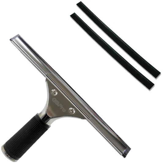 GBPro Professional Window Squeegee Stainless Steel Wiper 25cm/10 inches + Machine Cut High Grade Rubber Blade/Strip x 2