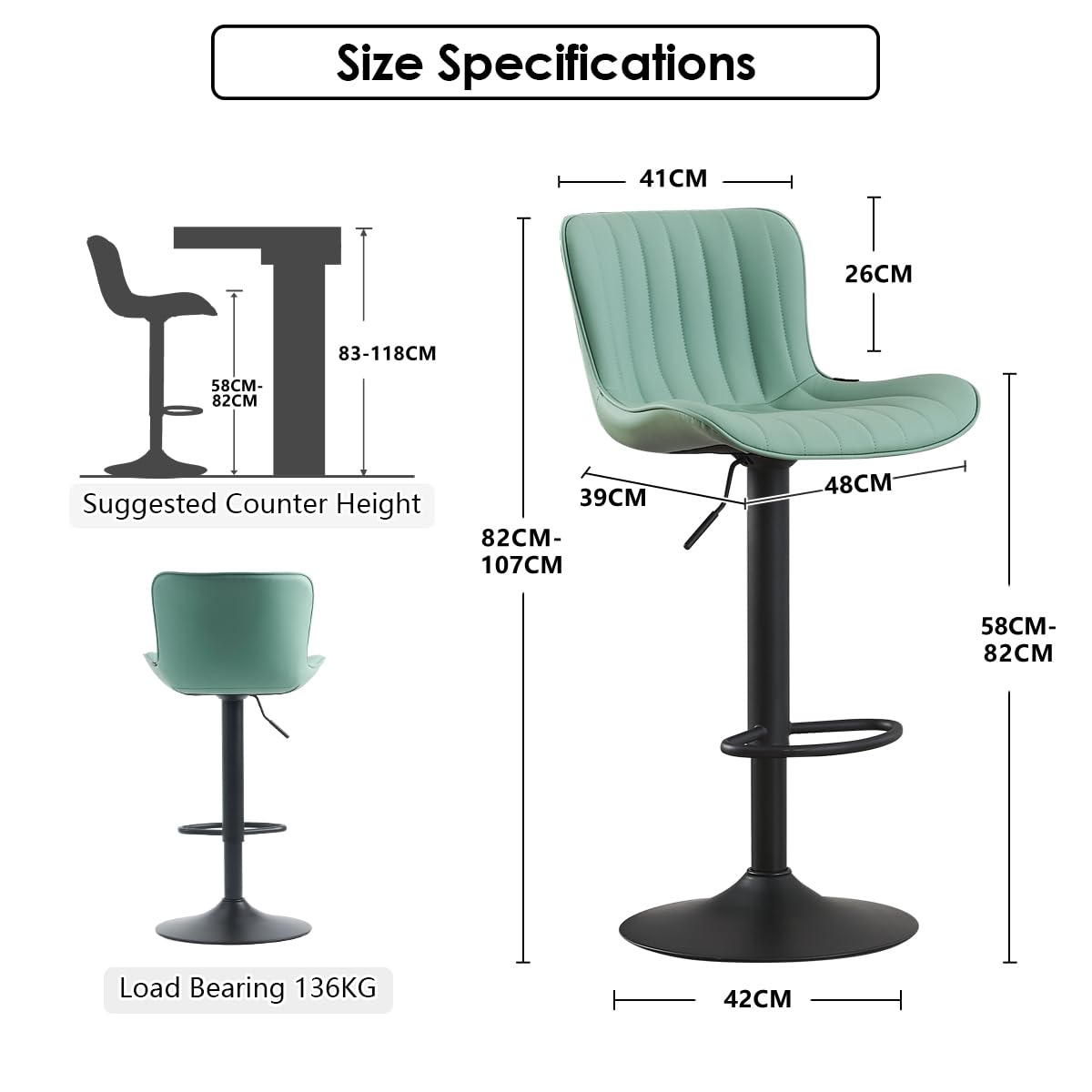 Kidol&Shellder Bar Stools Set of 2 Modern Breakfast Bar Stools,Mint Green