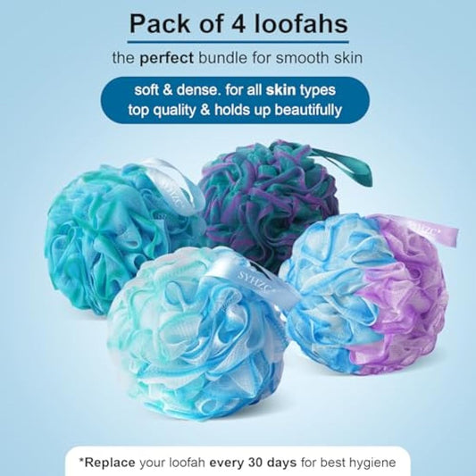 SYHZC Large 75g Loofah, Shower Puff for Women and Men, Mesh Pouf, Soft Shower Pouf, Bath Scrunchie, Multi Pack Body Puff, Exfoliating Bath Sponge for Adults - Loofa Set of 4 Flower Color