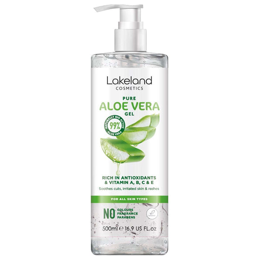 Lakeland Cosmetics Aloe Vera Gel contains 100% pure natural bio active aloe gel moisturiser, soothes cuts, irritated skin, burns & sunburn relief for