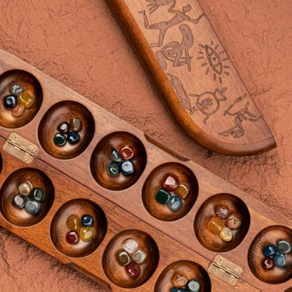 Deluxe Mancala Set: Real Wood Hinged Board with 48 Mixed Natural Gemstones - Authentic African Petroglyphs, Foldable Design for 2-Player Strategy Game