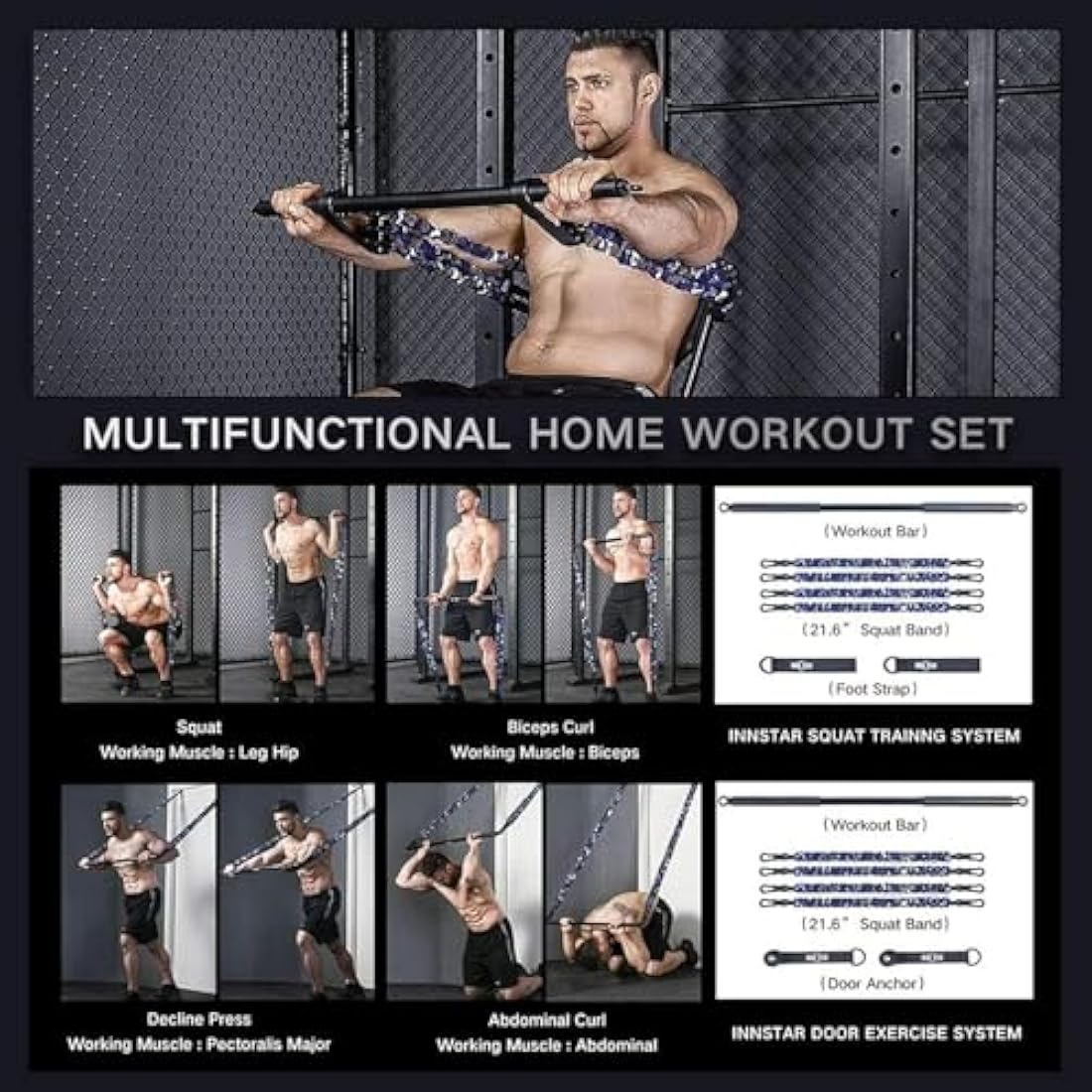 INNSTAR Portable Home Gym Set with Workout Bar, Bench Press Set, Squat Resistance Band, Door Anchor and More-Full Body Workout Equipment to Build Muscle and Shape Body