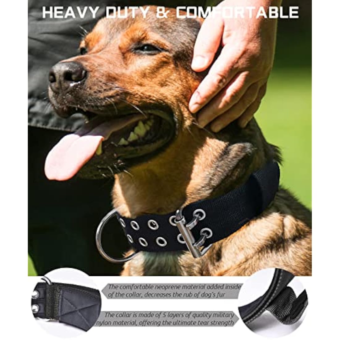 HQSHNY Dog Collar for Large Dogs - 5 cm Wide, Black, Neoprene & Nylon, Stainless Steel, Wide & Padded for Comfort & Safety, Handle for Extra Control, Suitable for Large Breeds, 56-66 cm