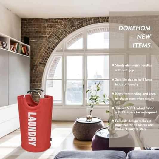 DOKEHOM 90L Large Laundry Basket, Collapsible Laundry Bag, Freestanding Tall Clothes Hamper, Foldable Washing Bin (Red)