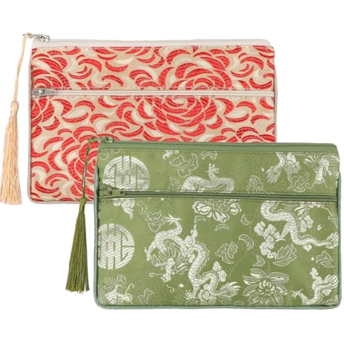 kilofly Chinese Silk Brocade 2 Zipper Pockets Tassel Jewelry Pouch Bag, Set of 2