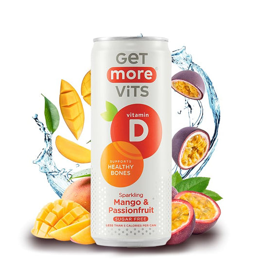 Get More Vits - Vitamin D Sparkling Mango & Passionfruit Spring Water (12 x 330ml), Support Healthy Bones, Teeth & Muscles, Boost Immune System, Sugar