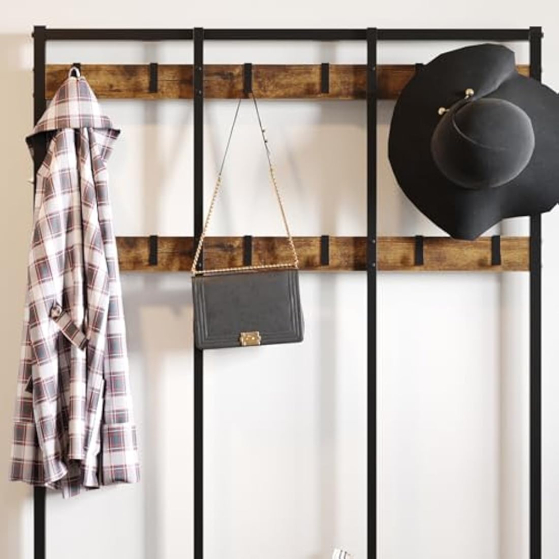Dripex Large Coat Rack Stand Industrial Coat Stand with Hooks and Shoe Bench Clothes Hat Rack Shelf Metal Frame for Bedroom Living Room Hallway (with 12 Hooks)