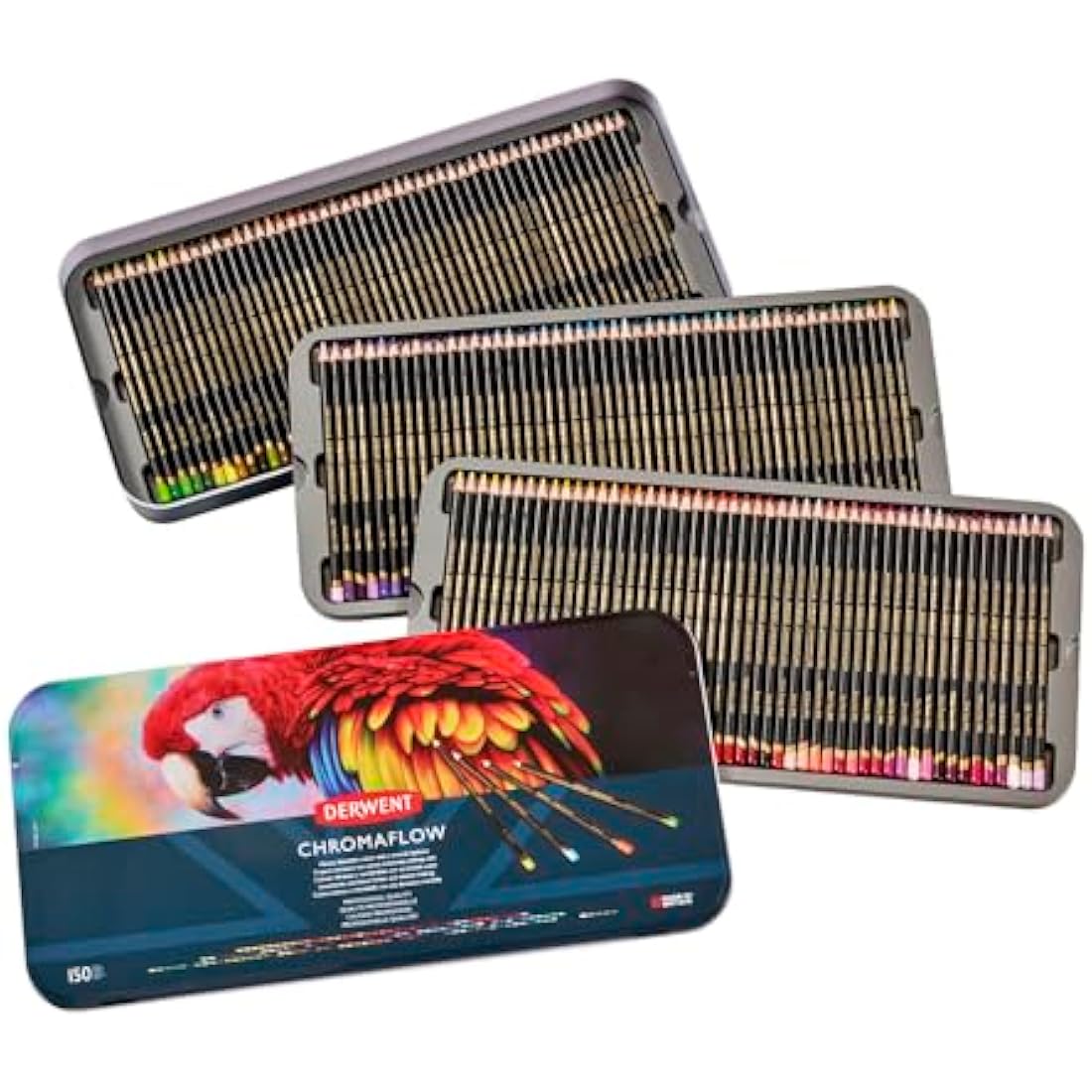 Derwent Chromaflow Pencils, Set of 150 in Tin, 3.5mm Round Core, Premium Core Strength, Blendable with Smooth Texture, Ideal for Drawing, Colouring & Layering, Professional Quality, 2306263