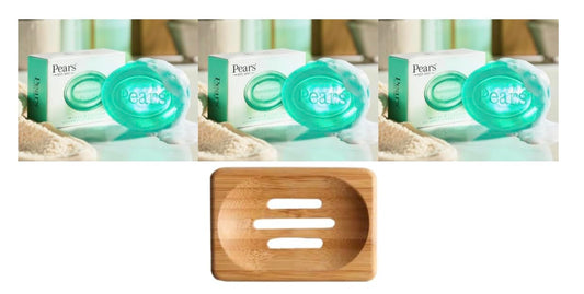 Pears Pure & Gentle Transparent Soap Bar 3x125 g (Lemon Extracts) + Dr Cosi Natural Wooden Bamboo Soap Dish Storage Holder (Set of 4)