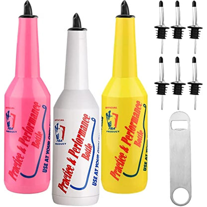 SuproBarware Flair Bottle Set of 3 - Cocktail Shaker, Training Bottle, 25oz/750ml (White, Pink, Yellow)
