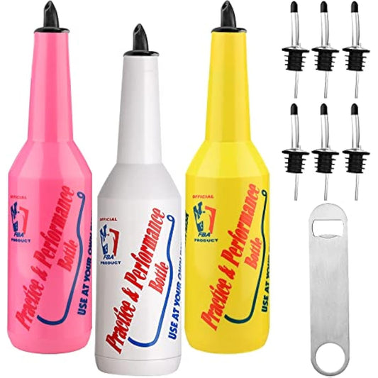 SuproBarware Flair Bottle Set of 3 - Cocktail Shaker, Training Bottle, 25oz/750ml (White, Pink, Yellow)