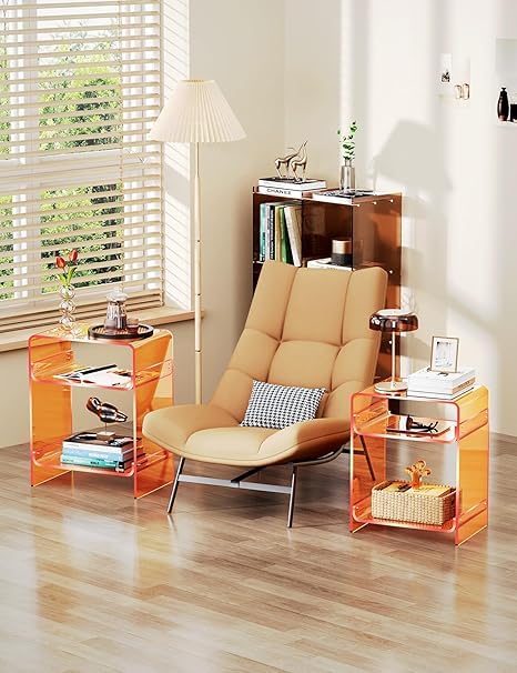 Dewrhiixe Acrylic Record Player Table with Storage Shelf, Clear Side Table, Nightstand (Orange, 45×30×58 cm, Acrylic)