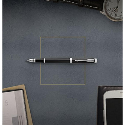 Parker IM Fountain Pen | Black Lacquer with Chrome Trim | Fine Nib with Blue Ink Refill | Gift Box
