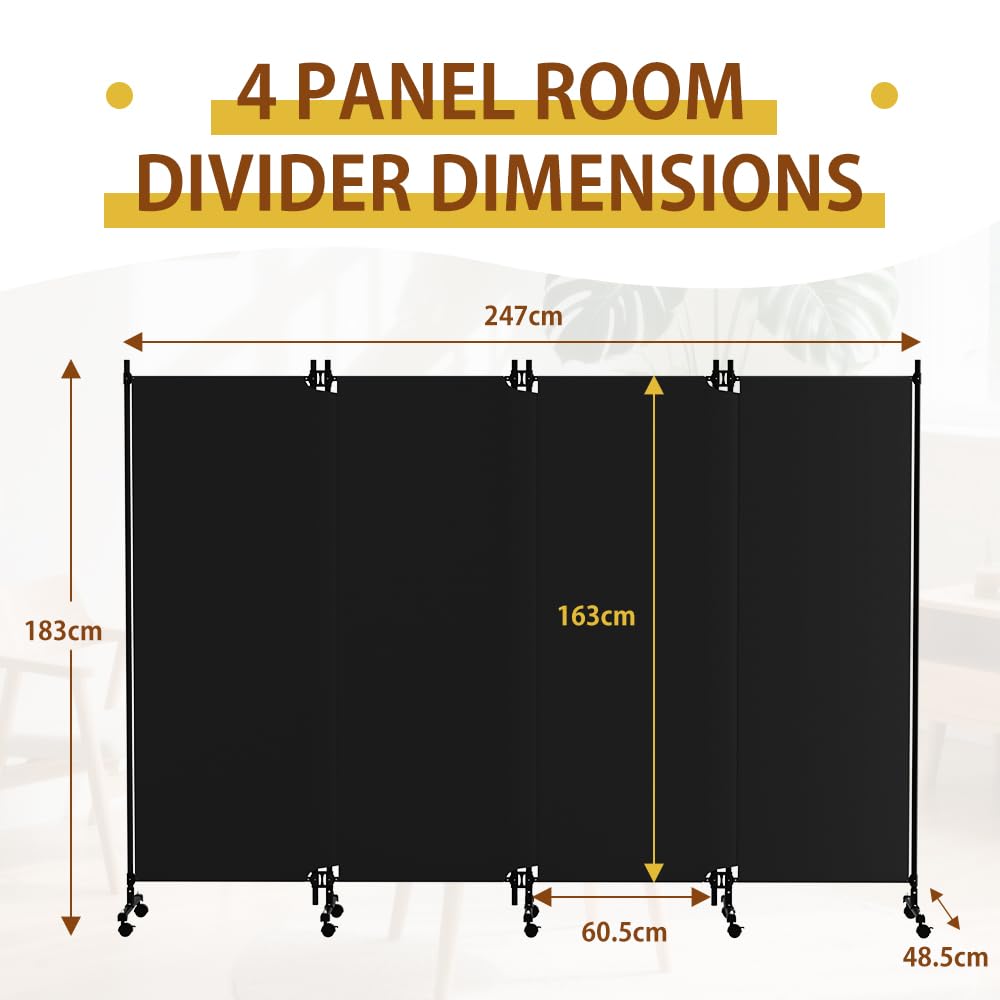 HIDODO 4 Panel Upgraded Room Divider with Wheels, 247cm W x 183cm H, Black